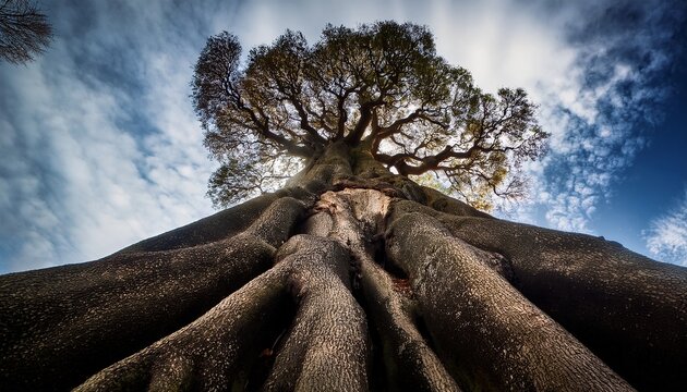 low angle shot of a large tree with exposed roots and a cloudy sky in the background