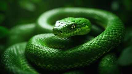 Fototapeta premium Emerald green snake coiled in lush jungle environment