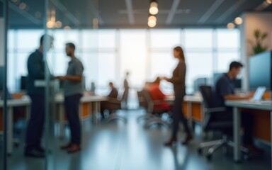 Modern office workspace with blurred background of busy colleagues. High quality