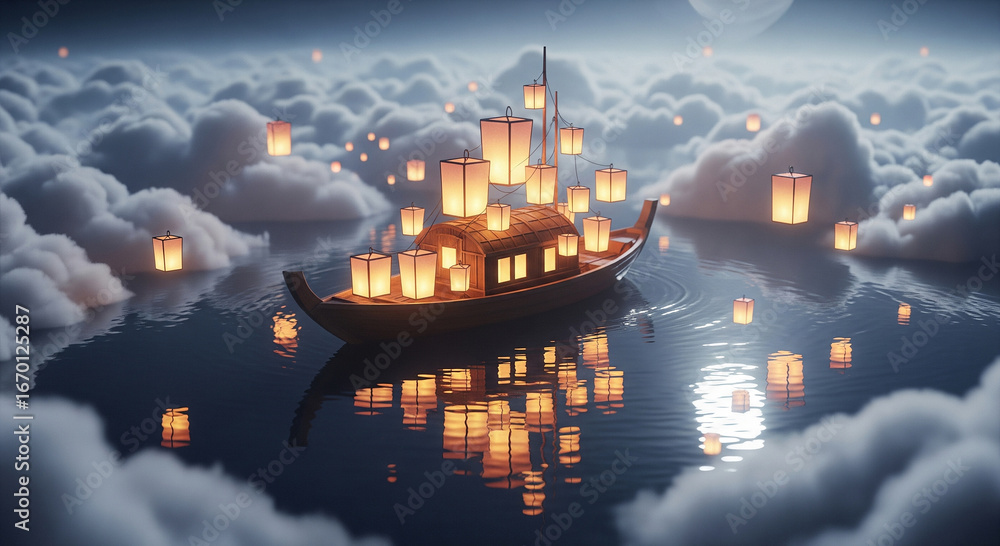 Poster a boat adorned with glowing lanterns sailing on water under a full moon and cloudy sky, creating a p