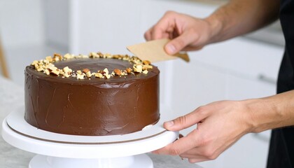 Close-up of hands applying final touches to a decadent chocolate nut cake.