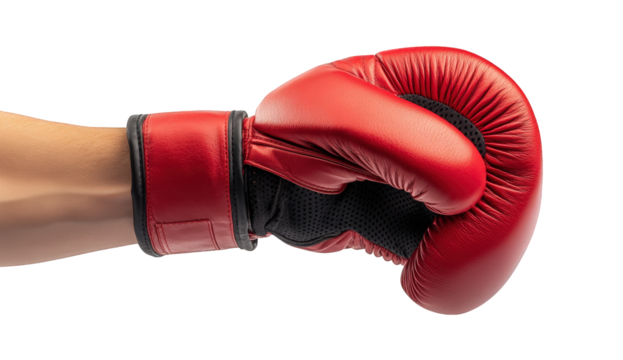 A red boxing glove on a hand isolated on transparent background in studio shot