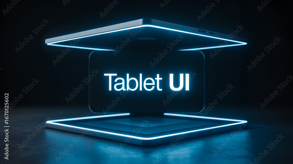Fototapete a futuristic tablet ui design with illuminated edges floating in a dark environment