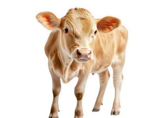 A cute calf isolated on transparent background, standing in a pasture on a sunny day
