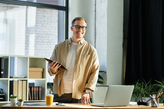 Bright and inspiring moment with a young businessman in a modern office setting
