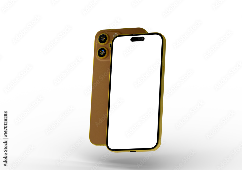 Poster high-quality 3d render of a golden smartphone with a blank screen, perfect for app presentations or 