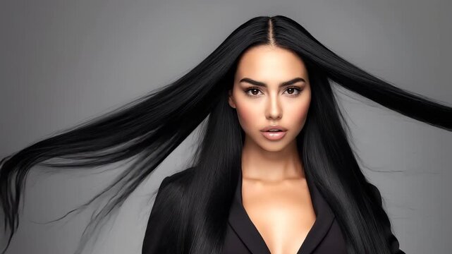 Beautiful woman posing in front of camera with black silky shiny long hair.Slow motion hair products advertising video AI Generative.