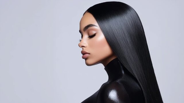 Beautiful woman posing in front of camera with black silky shiny long hair.Slow motion hair products advertising videoAI Generative.