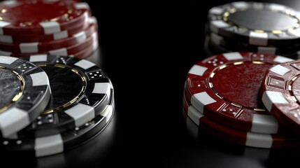 Casino Poker Chips in Red and Black on Dark Background for Gambling Concept