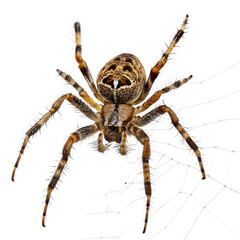 Garden spider with patterned body and web strands isolated on transparent background