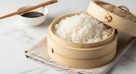 Steamed White Rice in a Bamboo Steamer with Soy Sauce and Chopsticks