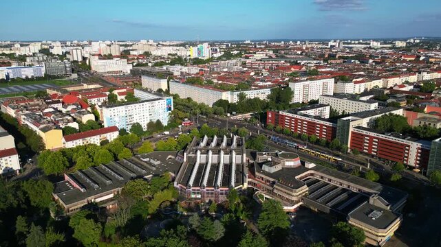 Berlin cityscape, Sez Volkspark Friedrichshain. Great aerial view flight drone