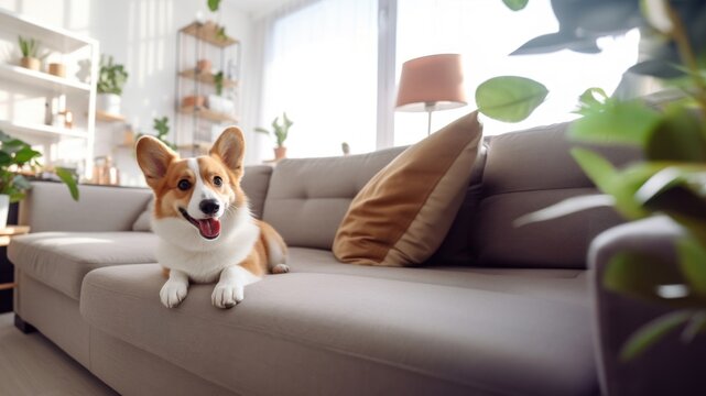 photo of Stylish and Scandinavian living room interior of a modern apartment with a Corgi dog lying on the couch.