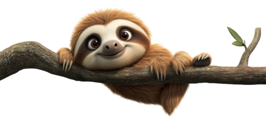Cute sloth lying on a branch isolated on transparent background