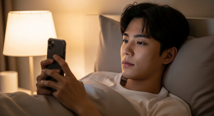 Young Asian man in bed using smartphone at night, illuminated by soft lamplight, conveying relaxation and modern technology use before sleep