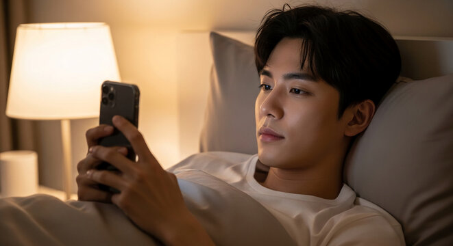 Young Asian man in bed using smartphone at night, illuminated by soft lamplight, conveying relaxation and modern technology use before sleep