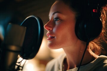 young woman recording podcast in modern studio