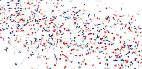 Festive confetti background with red, white, and blue circles and ribbons. Perfect for celebrations!