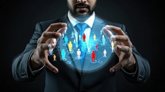 A man in a suit interacts with a network of connected figures, illustrating a concept of interpersonal connections.