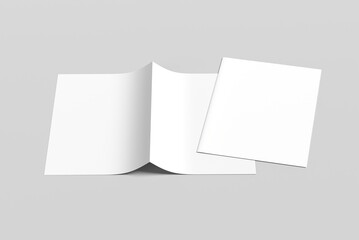 Realistic Bi-fold brochure mock-up. White paper flyer with isolated shadow. Blank card menu. Magazine cover with bi-fold catalog mock-up. A4, A3, A5 flyer for presentation.