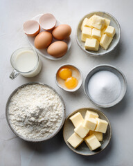 Top-down view of essential baking ingredients including eggs, flour, sugar, butter, and milk arranged neatly on a light kitchen surface. ai generative