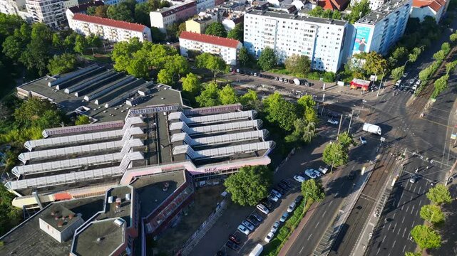 Berlin cityscape, Sez Volkspark Friedrichshain. Unique aerial view flight drone