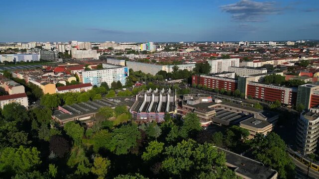 Berlin cityscape, Sez Volkspark Friedrichshain. Nice aerial view flight drone