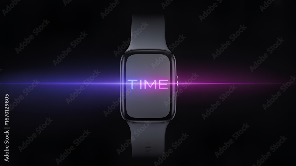 Poster a gray smartwatch with the word time illuminated in neon lights is displayed