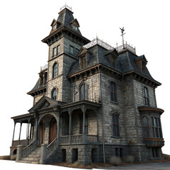 Naklejka premium Spooky haunted mansion with gothic architecture and dark facade isolated on transparent background