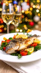 Roasted fish dinner with white wine, Christmas setting