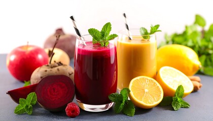 Healthy vibrant juices with fruits and vegetables