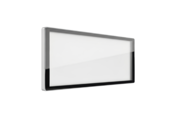 Sleek, modern digital display sign, slim polished silver frame, frosted acrylic panel, floating on a pristine transparent background with copy space. Concept of futuristic technology