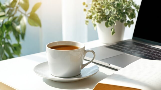 A serene workspace featuring a steaming cup of coffee beside a laptop and a potted plant in bright sunlight
