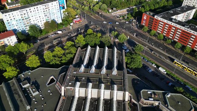 Berlin cityscape, Sez Volkspark Friedrichshain. Smooth aerial view flight drone