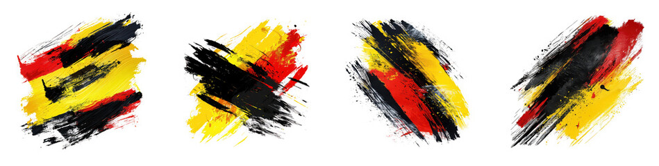 Four abstract brush stroke splatters in black, yellow, and red, resembling the belgian flag colors, isolated on transparent background