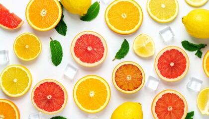 Refreshing oranges, lemons, grapefruits, mint, and ice on white.