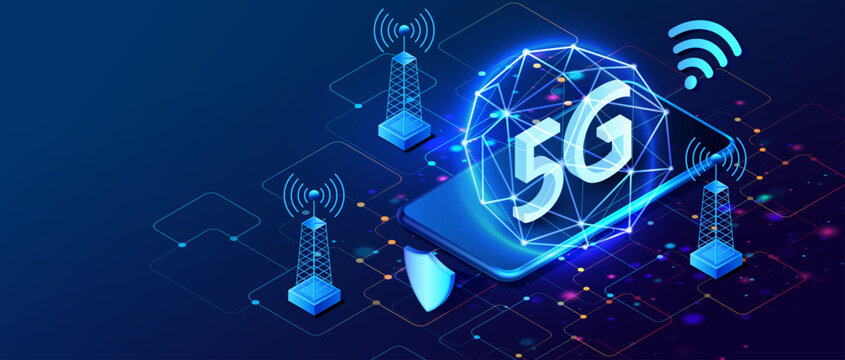 5G internet network. Wireless global connect mobile phone and towers isometric background. 5g wifi ai protect communication. Vector illustration.