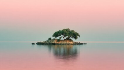 Pink-hued island with lone tree, calm water
