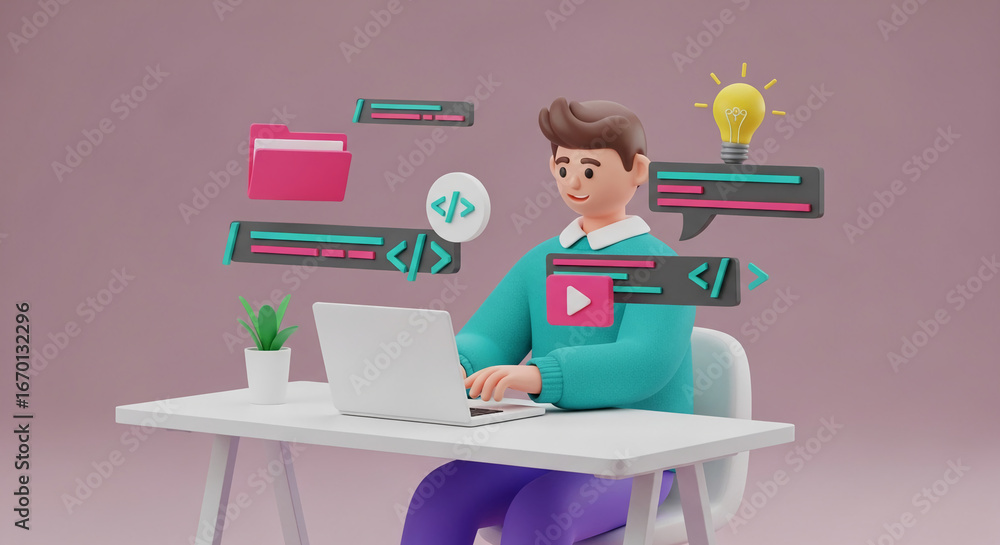 Poster 3d illustration of person working on laptop, surrounded by coding symbols and idea bulb, showcasing 