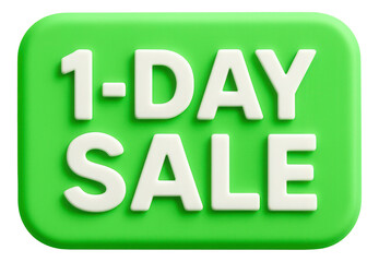 Green rectangular sticker with 1-DAY SALE in bold lettering, attention-grabbing retail discount offer on transparent background.