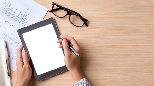 Person using a tablet for work on a wooden desk with glasses and documents in the background