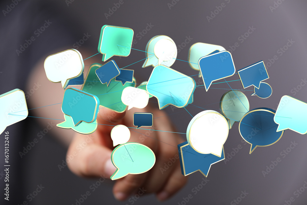 Poster abstract image of interconnected speech bubbles, symbolizing global communication and networking.