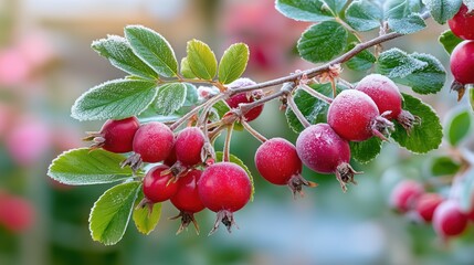 Obraz premium Frosted red rose hips in winter garden. Cold-weather plants.