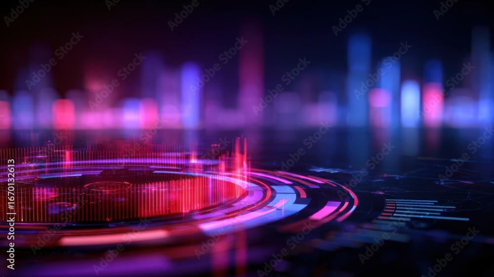 Poster abstract digital landscape with vibrant lights and patterns, showcasing technology in a futuristic s