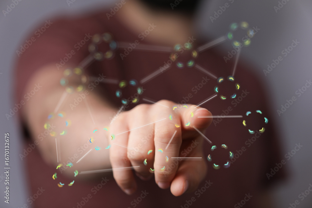 Poster hand pointing at a network of interconnected nodes, representing digital connectivity and communicat
