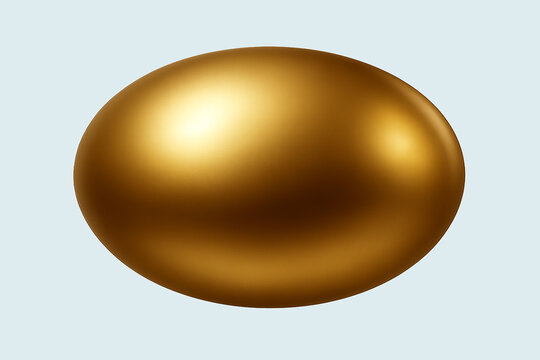 A simple, isolated 3D rendering of a smooth, golden-colored oval object. The surface reflects light, creating a bright highlight and subtle shadows, giving it a realistic, polished appearance.