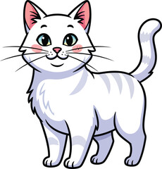 Obraz premium A cute cartoon white cat with blue-green eyes and pink cheeks smiling happily.