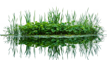 A small island of green aquatic plant life with reflections in the water isolated on transparent background