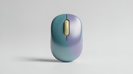 A teal and purple computer mouse isolated on white background in studio shot