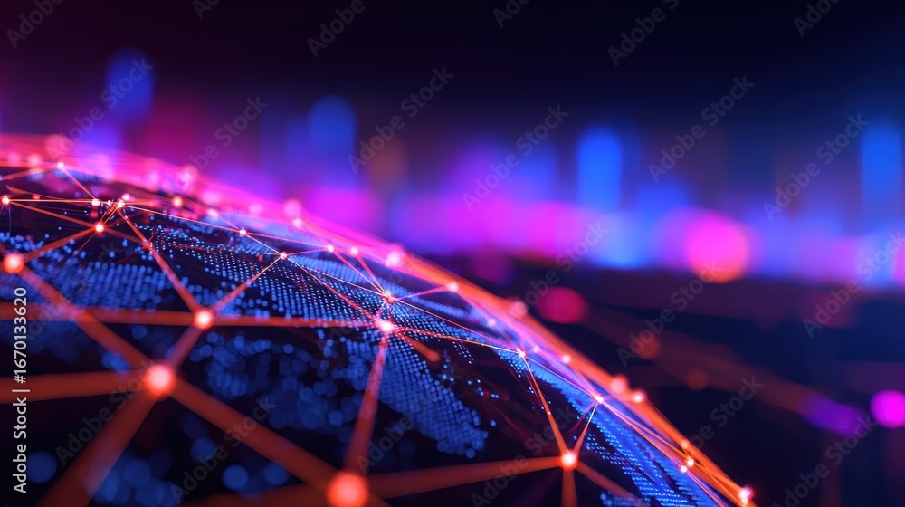 Poster a vibrant digital globe interconnected with glowing lines against a colorful abstract background